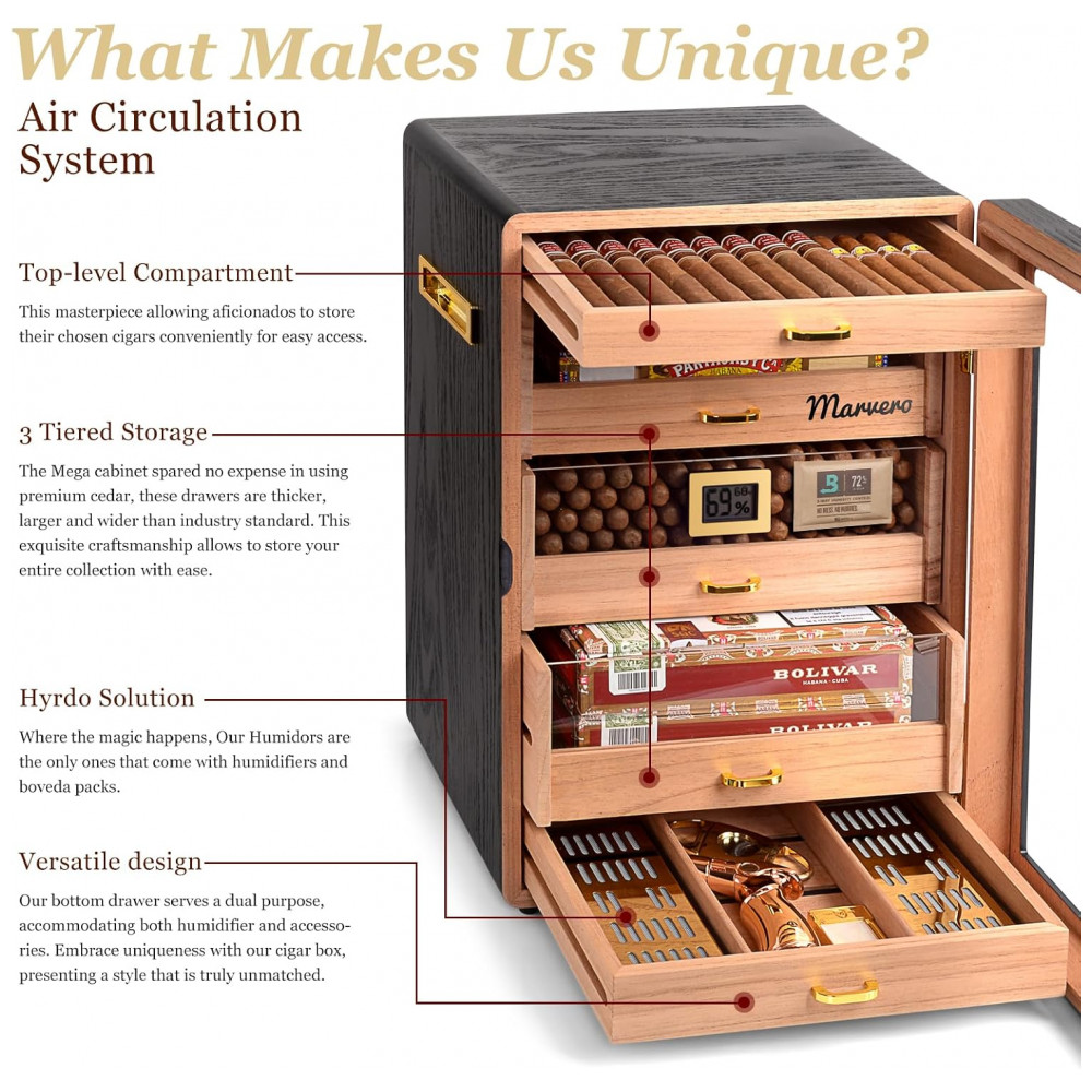 Humidor Marvero Preto Cedro 300 Charutos Higrômetro Digital Gavetas