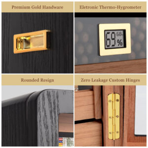 Humidor Marvero Preto Cedro 300 Charutos Higrômetro Digital Gavetas
