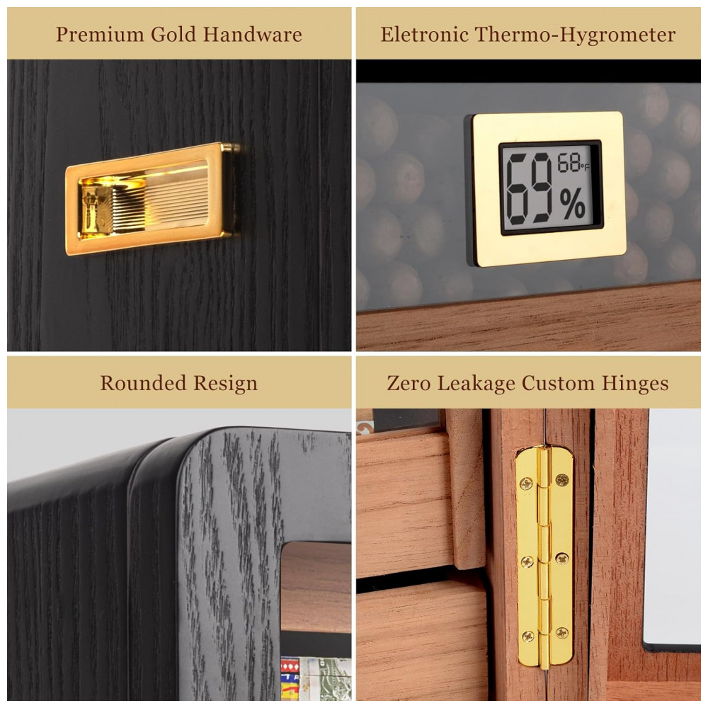 Humidor Marvero Preto Cedro 300 Charutos Higrômetro Digital Gavetas