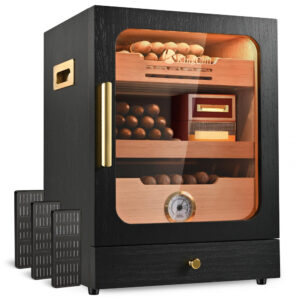Humidor KingChii Preto com LED Sistema 3 Cores e Gaveta Cedro Espanhol 100 Charutos