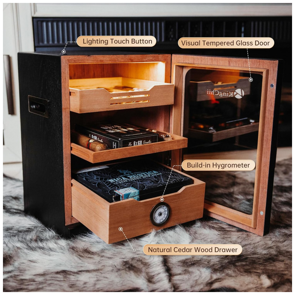 Humidor KingChii Preto com LED Sistema 3 Cores e Gaveta Cedro Espanhol 100 Charutos