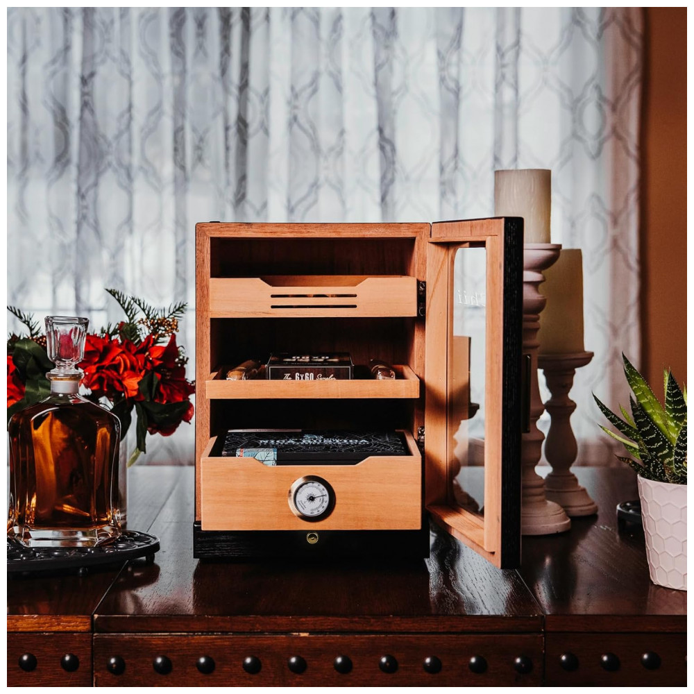 Humidor KingChii Preto com LED Sistema 3 Cores e Gaveta Cedro Espanhol 100 Charutos