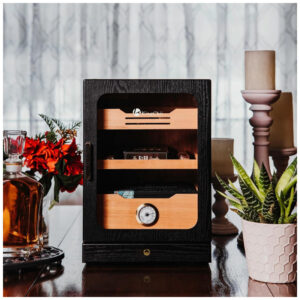 Humidor KingChii Preto com LED Sistema 3 Cores e Gaveta Cedro Espanhol 100 Charutos