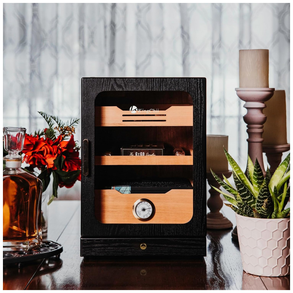 Humidor KingChii Preto com LED Sistema 3 Cores e Gaveta Cedro Espanhol 100 Charutos