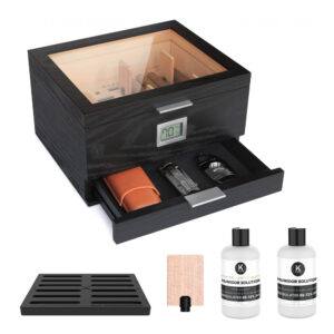 Humidor Case Elegance Preto Tampo de Vidro Sistema Higrômetro Digital