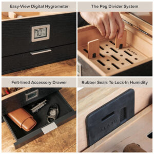 Humidor Case Elegance Preto Tampo de Vidro Sistema Higrômetro Digital