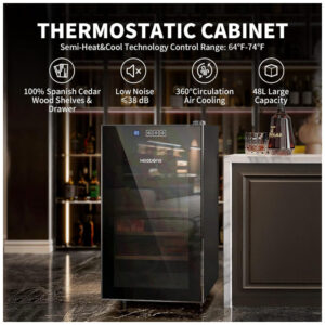 Humidor Elétrico NEEDONE Preto 48L Resfriamento e Aquecimento Madeira Cedro Espanhol 120V