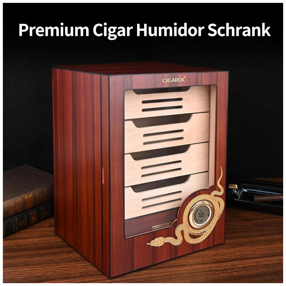 Umidor de Charutos Cigarol Marrom Madeira Cedro 4 Níveis Higrômetro Digital 100 150 Charutos
