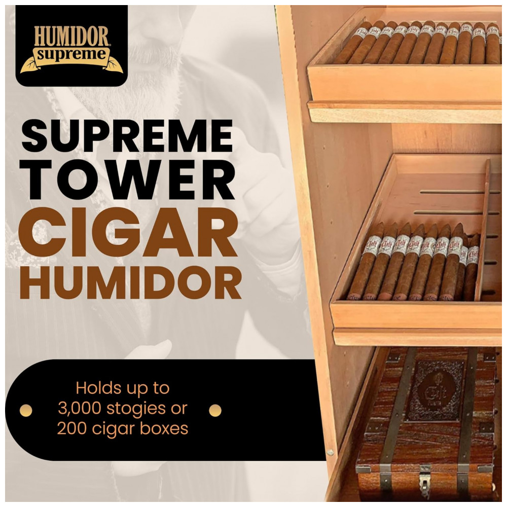 Humidor Torre Humidor Supreme Preto com Prateleiras Ajustáveis Capacidade 3000 Charutos