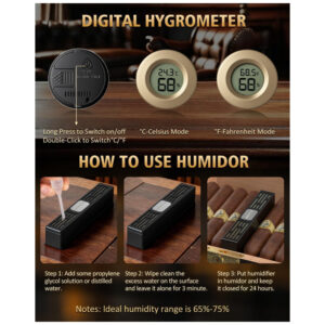 Umidor para Charutos AWOTE Preto com Tampa de Vidro, Higrômetro Digital e Acessórios Completos
