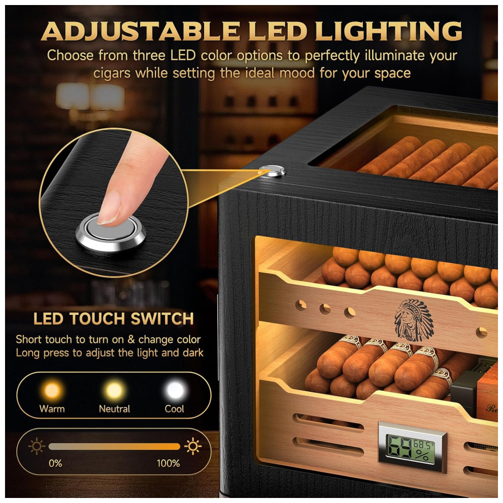Umidor Charutos XIFEI Preto Controle Umidade Visor Vidro LED