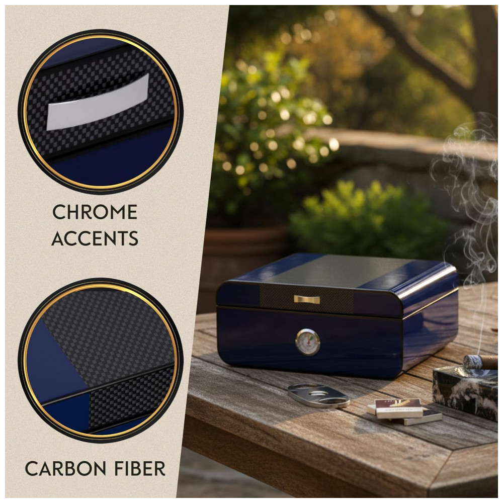 Umidificador para Charutos Bey Berk Landon Azul Capacidade 50 Charutos com Higrômetro Externo