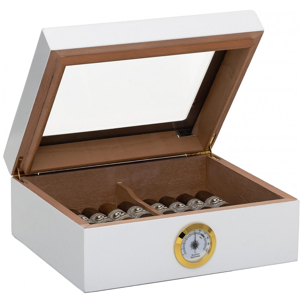Humidor Capri Quality Importers Branco Tampa Vidro Temperado Higrômetro Brass 25 50 Charutos