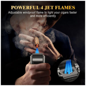 Isqueiro Multifuncional XIFEI XF 61LH Cinza 6 em 1 Desktop com 4 Chamas Jato e Cortador de Charutos