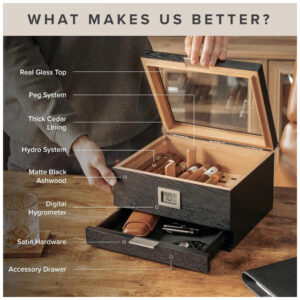 Humidor Klaro Mill Case Elegance Preto Design Moderno Sistema Peg Modular Gaveta de Acessórios Kit Completo