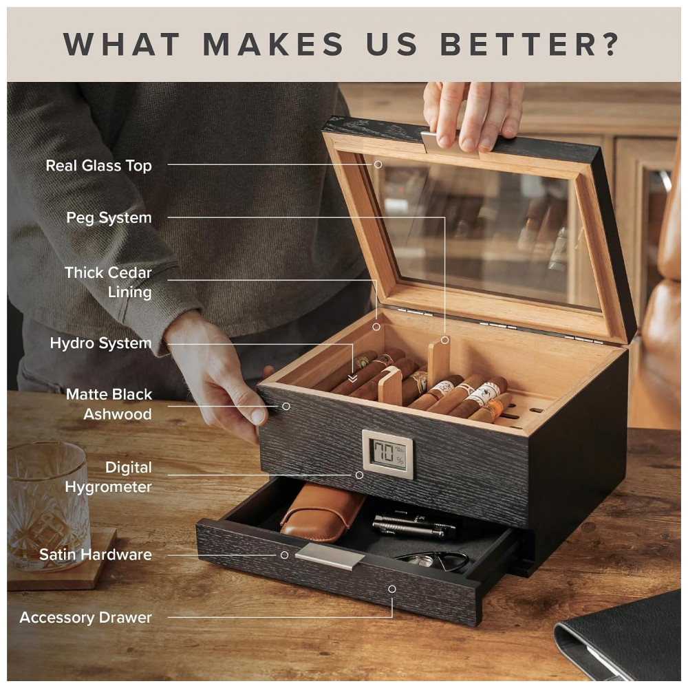 Humidor Klaro Mill Case Elegance Preto Design Moderno Sistema Peg Modular Gaveta de Acessórios Kit Completo