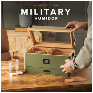 Umidificador de Charutos Humidor Case Elegance Military com Tampa de Vidro, Forro de Cedro e Bandeja Superior