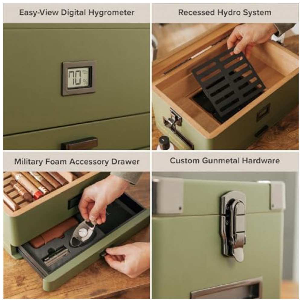 Umidificador de Charutos Humidor Case Elegance Military com Tampa de Vidro, Forro de Cedro e Bandeja Superior