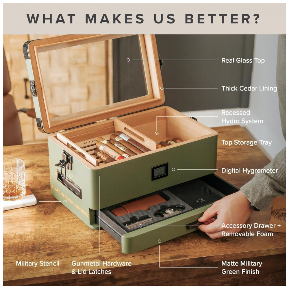 Umidificador de Charutos Humidor Case Elegance Military com Tampa de Vidro, Forro de Cedro e Bandeja Superior