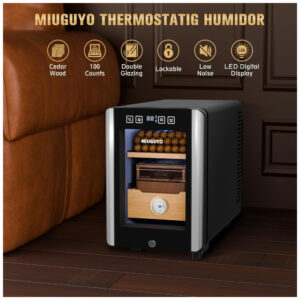 Umidor para Charutos Elétrico 16 Litros MIUGUYO, Controle de Umidade e Temperatura Silencioso 2.0, Termostato para 100 Charutos com Gaveta