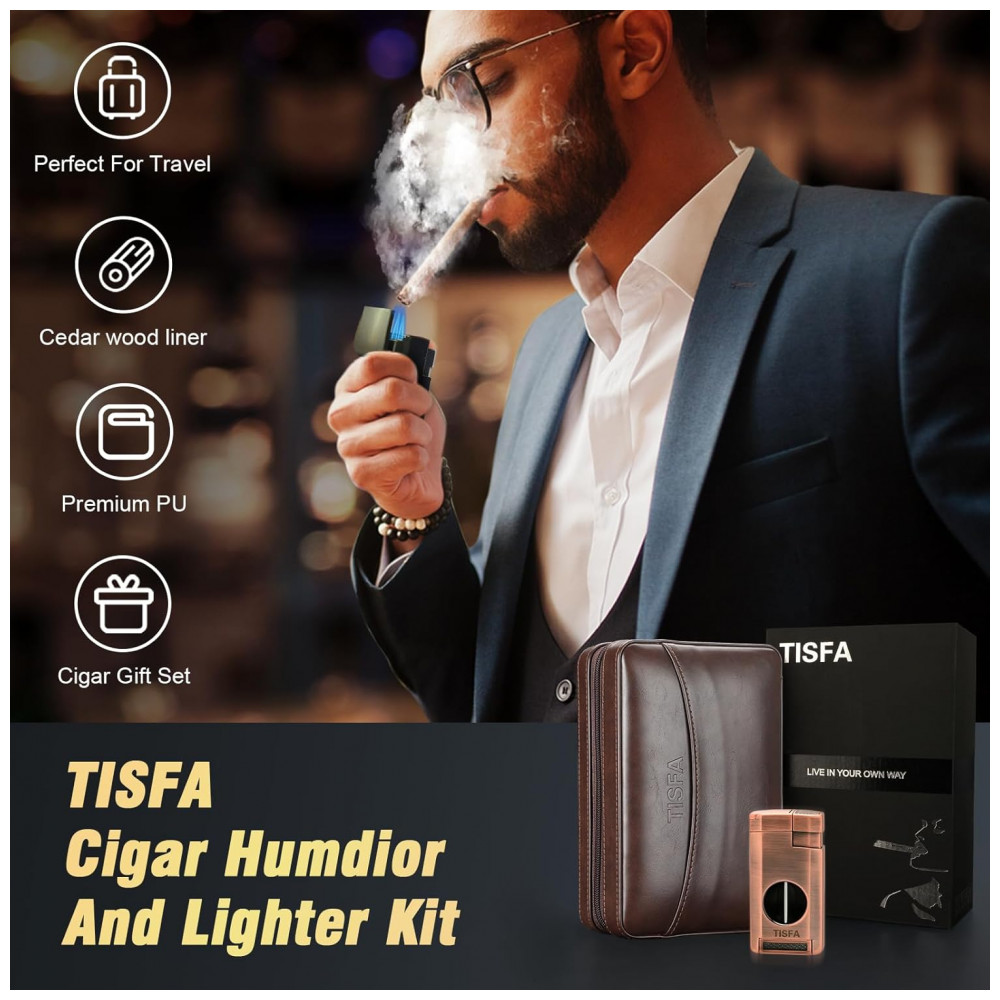 Umidificador para Charutos TISFA Marrom Escuro Portátil de Viagem com Isqueiro 3 em 1
