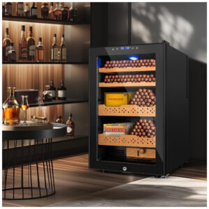 Humidor Elétrico Velieta Preto 70L 400 Charutos Controle Digital Temperatura Umidade Prateleiras Cedro Espanhol Trava Segurança 115V