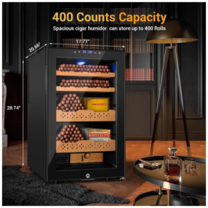 Humidor Elétrico Velieta Preto 70L 400 Charutos Controle Digital Temperatura Umidade Prateleiras Cedro Espanhol Trava Segurança 115V