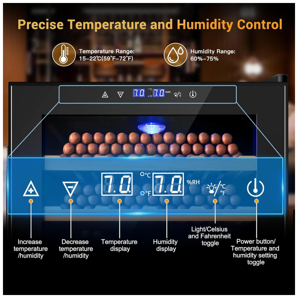 Humidor Elétrico Velieta Preto 70L 400 Charutos Controle Digital Temperatura Umidade Prateleiras Cedro Espanhol Trava Segurança 115V
