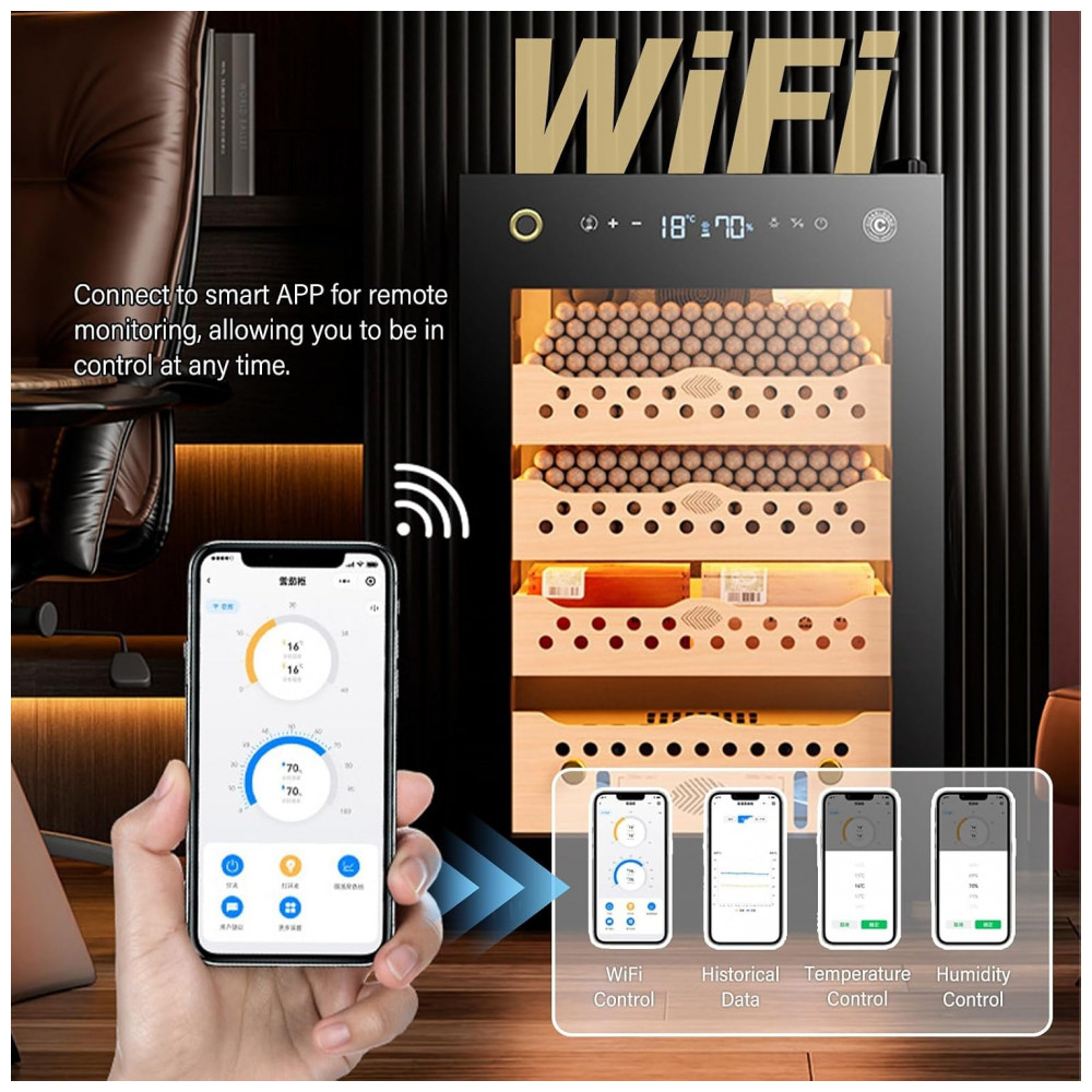 Humidor para Cigarros PRECISTECH Preto WiFi 200 Unidades com Trava Digital e Sistema Climático 240V