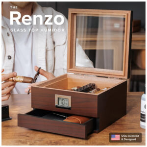 Umidificador de Charutos Case Elegance Renzo com Tampa de Vidro Kit Completo