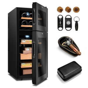 Humidor Eletrônico Wencili Preto 2 em 1 Charutos e Vinhos 59L 200 Unidades com Madeira Cedro
