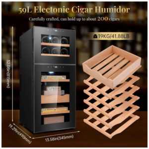 Humidor Eletrônico Wencili Preto 2 em 1 Charutos e Vinhos 59L 200 Unidades com Madeira Cedro