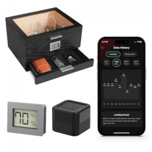 Humidor Case Elegance Tampo Vidro com Cedro Espanhol, Sistema Hydro e Higrômetro Digital Bluetooth Klaro