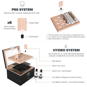 Humidor Case Elegance Tampo Vidro com Cedro Espanhol, Sistema Hydro e Higrômetro Digital Bluetooth Klaro
