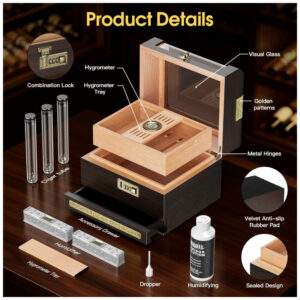 Humidor para Charutos DXXULL Tampa Transparente Madeira Cedro 45 50 Charutos Com Trava Combinação