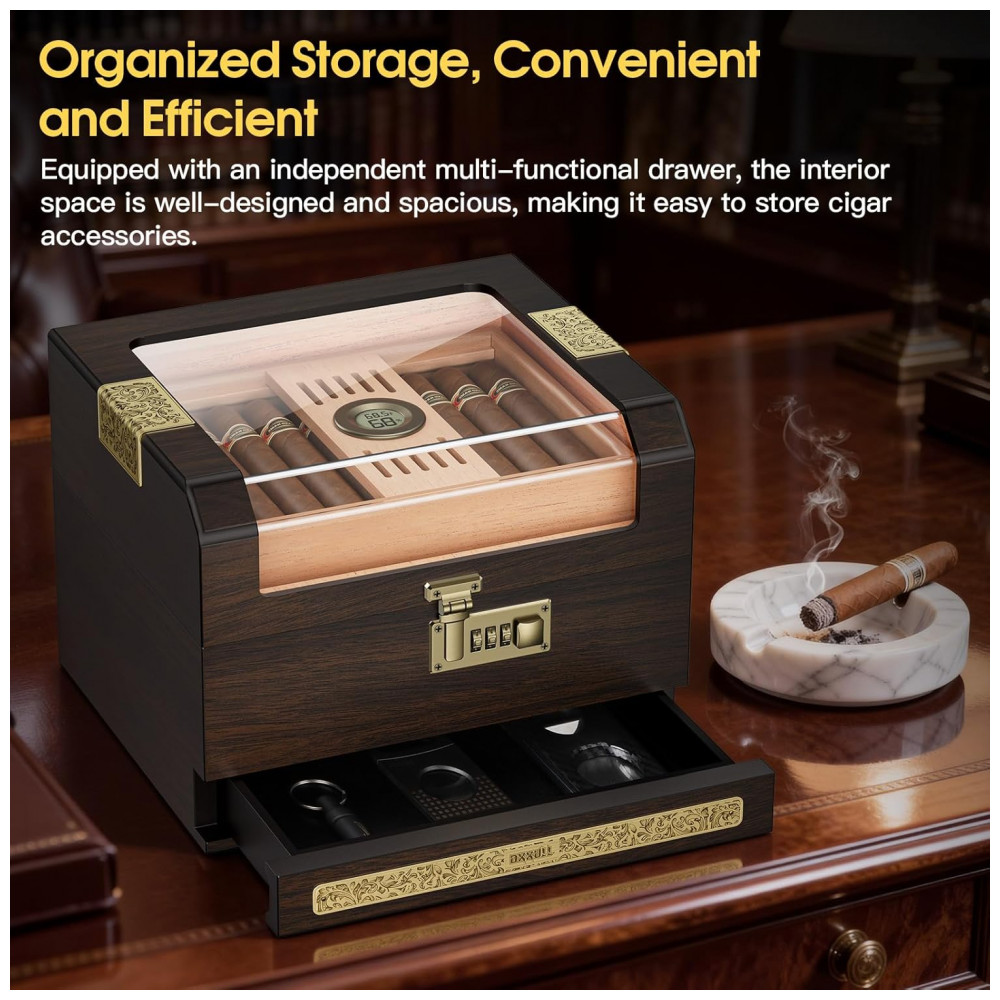 Humidor para Charutos DXXULL Tampa Transparente Madeira Cedro 45 50 Charutos Com Trava Combinação